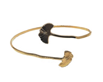 Ginkgo Bracelet, Leaves Bracelet, 18K Gold Plated Twisted Bangle Ending Ginkgo Biloba Leaves, Elegant Bracelet