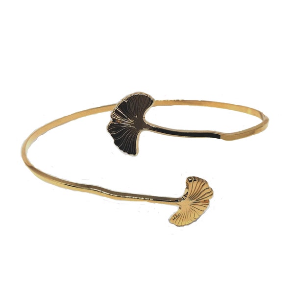 Ginkgo Bracelet, Leaves Bracelet, 18K Gold Plated Twisted Bangle Ending Ginkgo Biloba Leaves, Elegant Bracelet