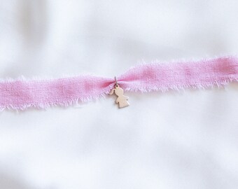 Link Rose cotton linen bracelet with silver medallion for little girl, for baptism, communion, birthday, gift.