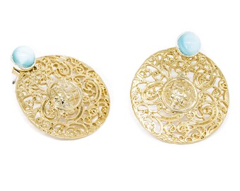 Lace circle earrings, gilded with fine gold by hand, earrings with blue Chalcedony gemstone chips.