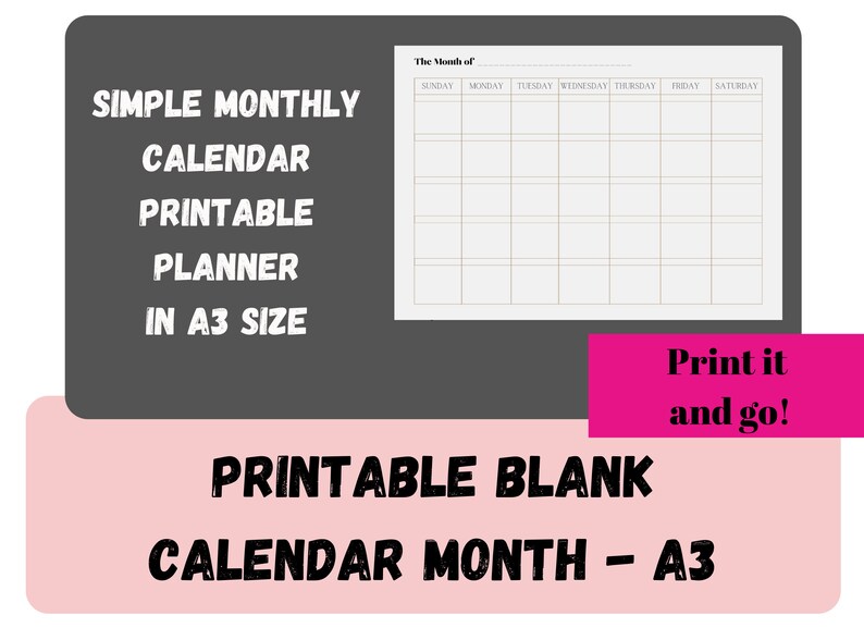 Simple Blank Monthly Calendar Printable A3 Sheet - Etsy