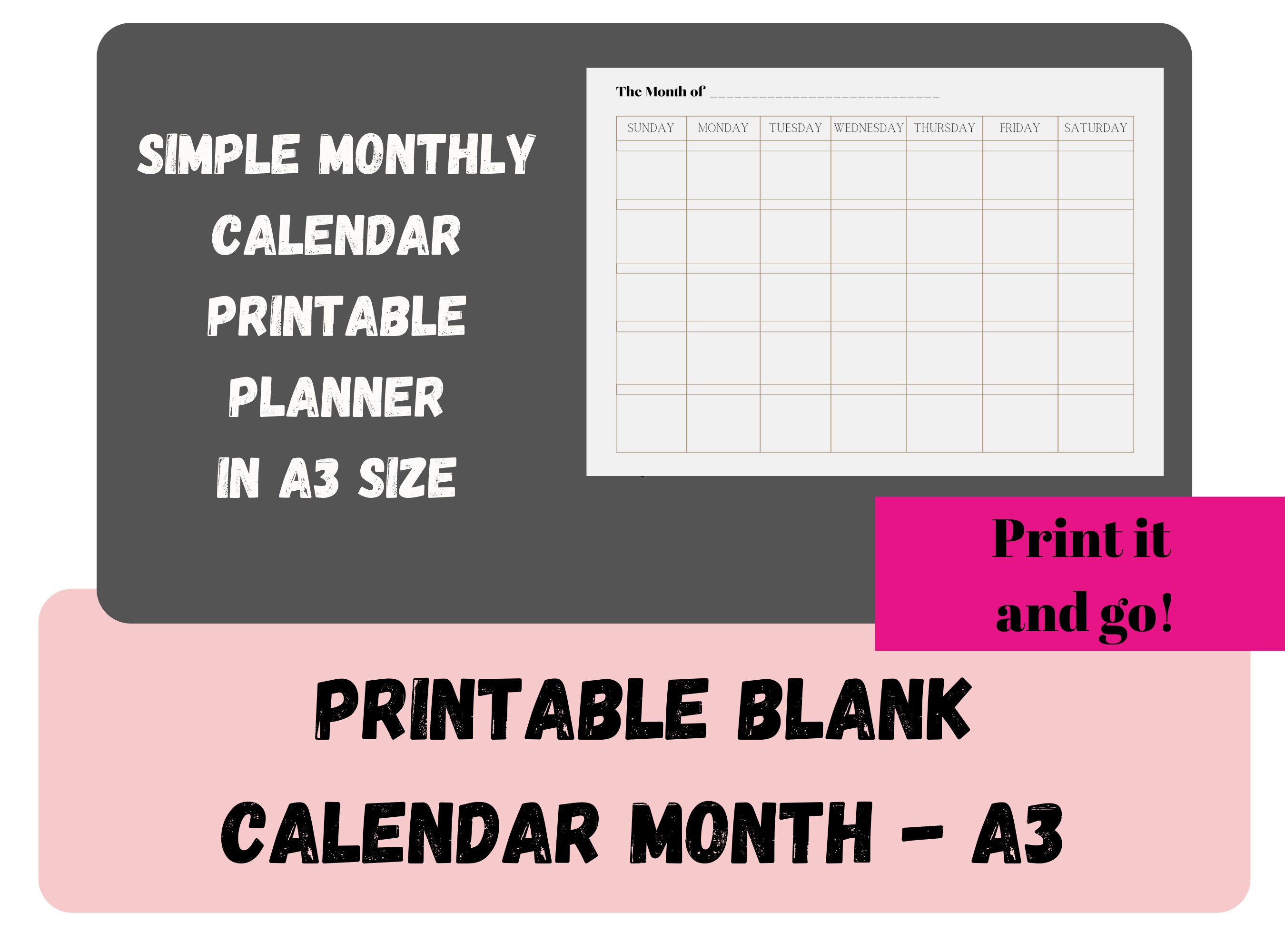 simple blank monthly calendar printable a3 sheet etsy
