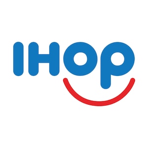 May include: IHOP logo with a blue and red color scheme. The letters IHOP are in blue and the letter O is a circle with a red smile underneath.