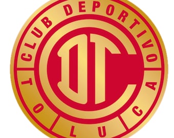 May include: A circular emblem with a gold border and a red center. The words "CLUB DEPORTIVO TOLUCA" are inscribed around the edge. The center features the letters "DT" in gold.