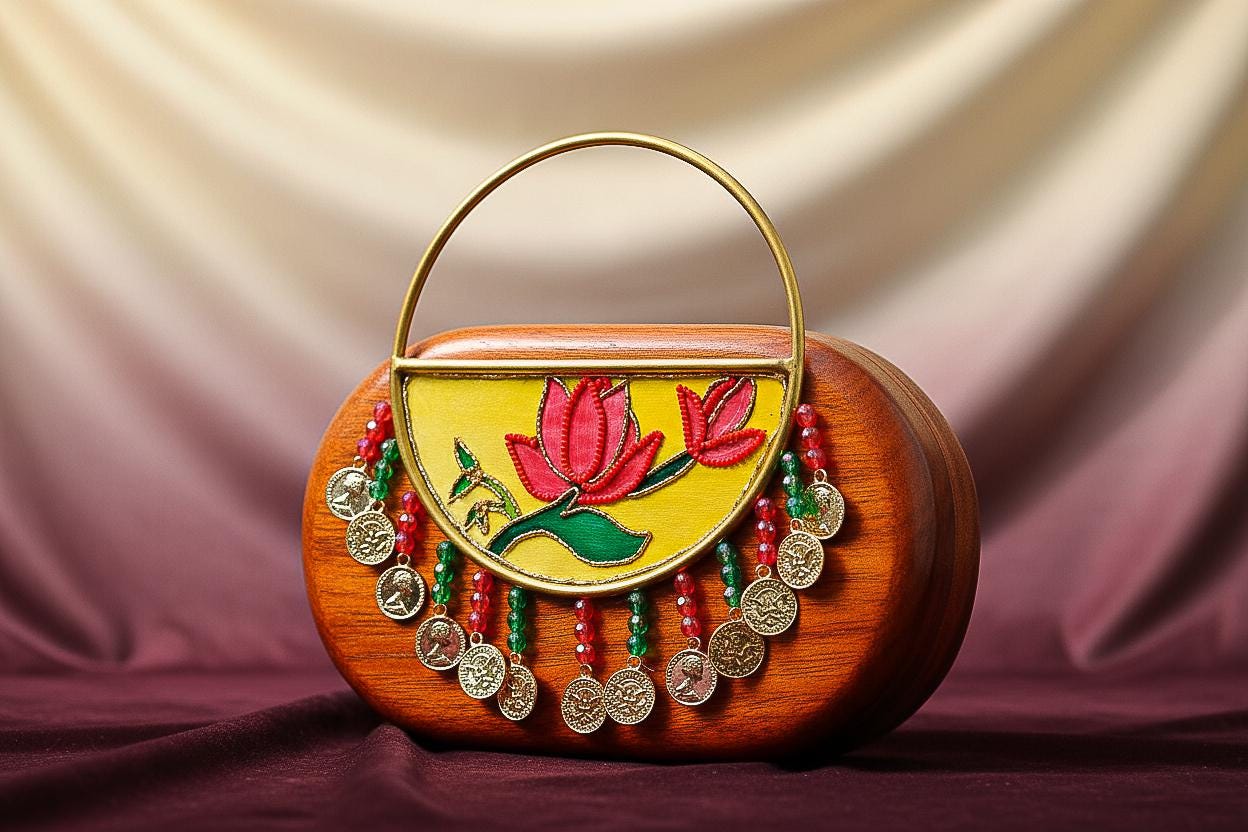 Handcrafted Wooden Clutch Bag 7.5x1.5x6.5 Inches - Embroidered Box Clutch, Boho Evening Handbag, Artisan Statement Purse for Wedding Parties
