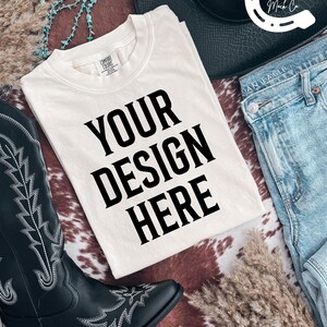 Comfort Colors 1717 T-Shirt Mockup, Ivory Shirt Flat Lay Mockup, Cowgirl Boots, Western Boho Aesthetic Shirt Mockup, Comfort Colors Mock