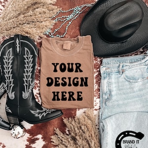 Comfort Colors 1717 Espresso Shirt Mockup, Western Png Shirt Mockup, Cowgirl Boot Country Boho Mockup, Disco Cowgirl Flat Lay Mockup