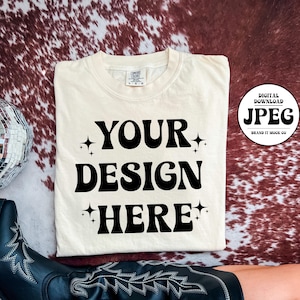Comfort Colors 1717 T-Shirt Mockup, Ivory Shirt Flat Lay Mockup, Cowgirl Boots, Western Boho Aesthetic Shirt Mockup, Comfort Colors Mock