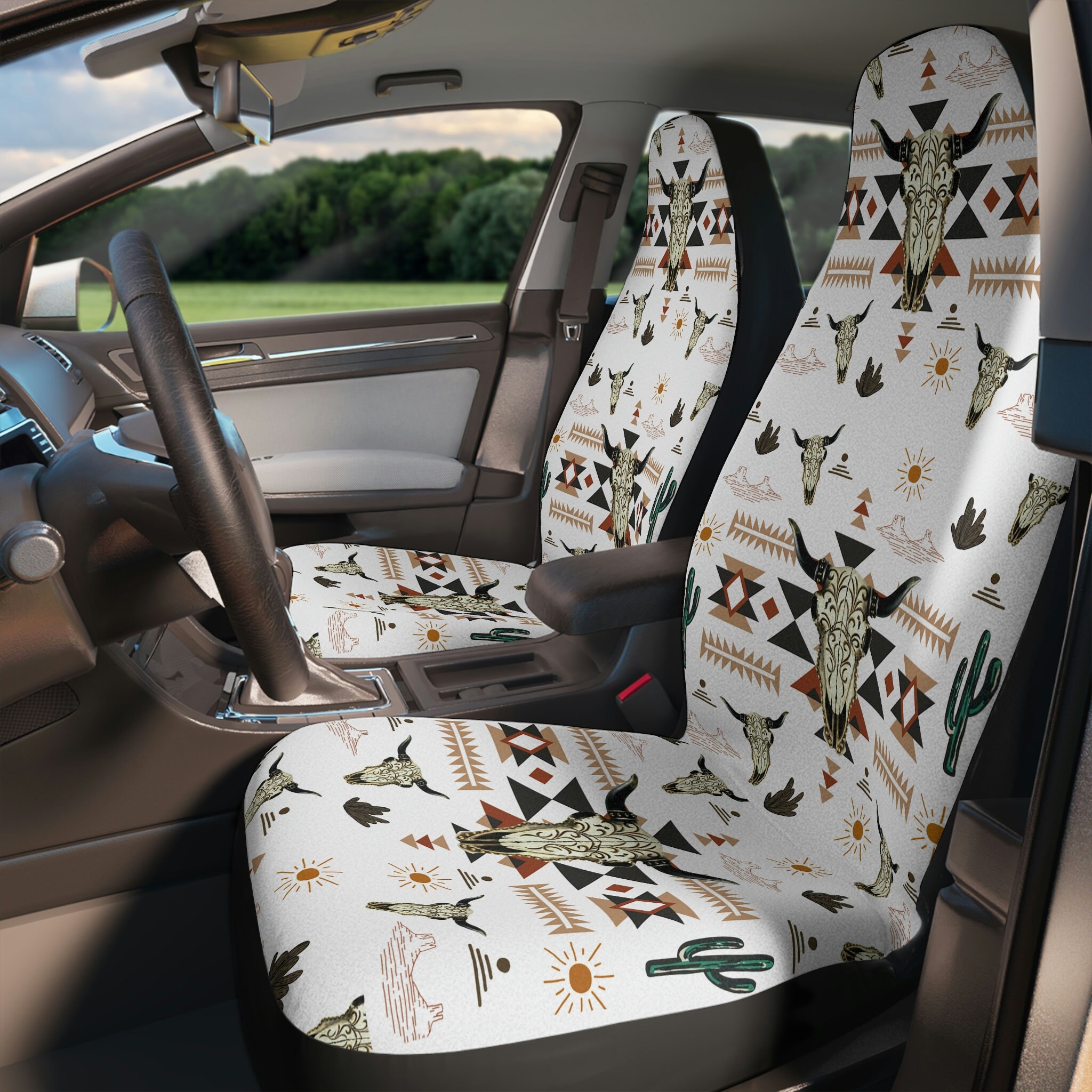 Cow Car Accessories Cow Skull Seat Covers Western Aztec Car Etsy