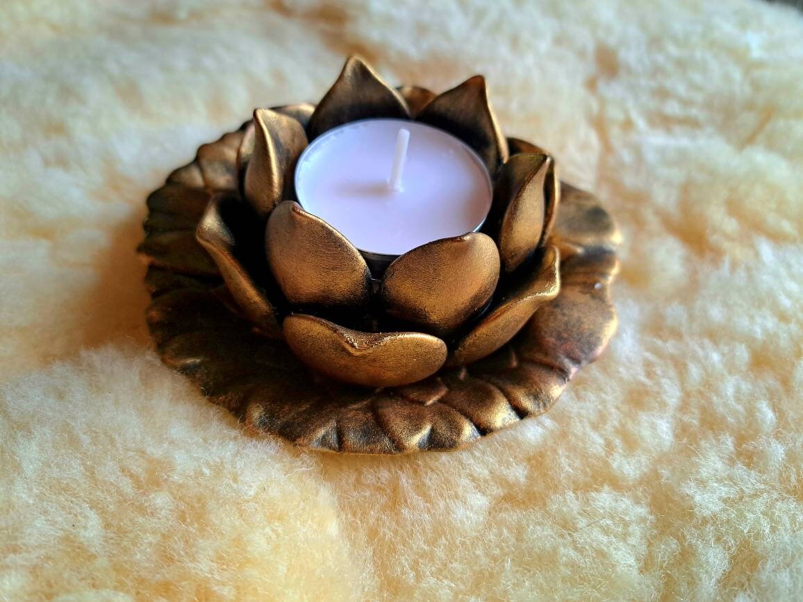 Tealight Holders | Trinket Dish | Gold Concrete Lotus Flower + Leaf Dish for Tea lights + Trinkets | Perfect Gift Idea