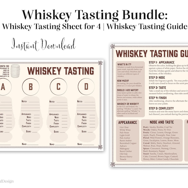 Whiskey Tasting Bundle - Whiskey Sheet For 4 and Whiskey Tasting Guide - Whiskey Tasting Kit Bundle - Whiskey Tasting How To - Printable