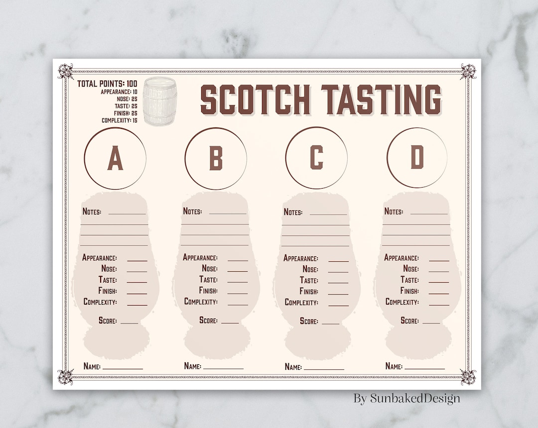 Scotch Tasting Sheet for 4 Tastings Scotch Tasting Mat Scotch Scorecard