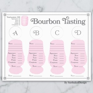 Ladies Night Bourbon Tasting Sheet for 4 - Pink Bourbon Tasting Mat - Women Bourbon Scorecard -Whiskey - Download - Printable