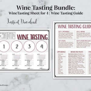 Wine Tasting Bundle - Professional Tasting Wine Sheet For 4 and Wine Tasting Guide + Free Wine Tasting 101 Sheet - Instant Download