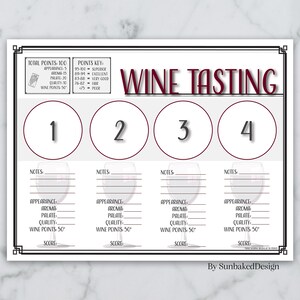 May include: A printable wine tasting scorecard with four sections for rating different wines. Each section includes a space for notes, appearance, aroma, palate, quality, wine points, and a score.