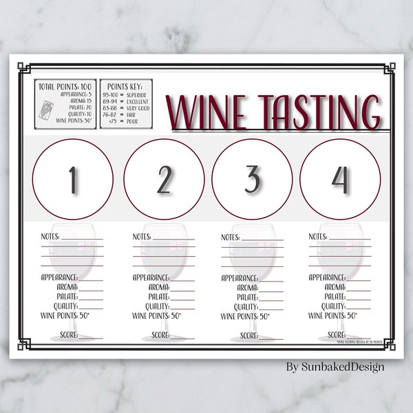 Professional Wine Tasting Sheet with 100 Point Scoring - Wine Tasting Party - Wine Tasting - Download - Printable