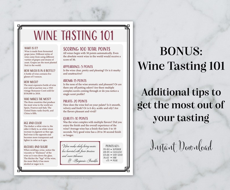 Wine Tasting Bundle Professional Tasting Wine Sheet for 4 and Wine