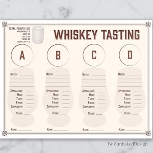 Fiche de dégustation de whisky pour 4 dégustations - soirée de dégustation de whisky - carte de pointage whisky - tapis de dégustation de whisky - téléchargement immédiat