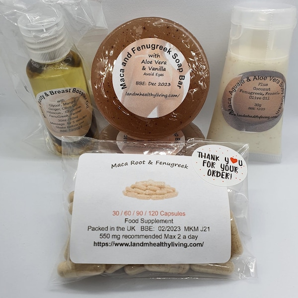 Maca & FenuGreek Combo Set including Maca and Fenugreek Body oil,  body cream, Body Soap and Maca and FenuGreek Capsules