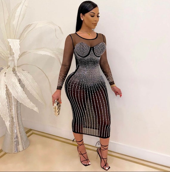 Sexy Black Rhinestone See Through Dress - Etsy