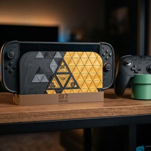 May include: A black gaming console dock featuring a geometric triangular pattern in dark gray and gold. The front panel displays three central triangular icons with symbols. A brown base supports the unit, which is labeled with the Nintendo Switch logo.
