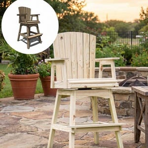 May include: A light-colored wooden swivel bar chair with a high back and armrests. The chair has a footrest and is constructed with vertical wooden slats. The chair is outdoors, with a stone patio and potted plants in the background.