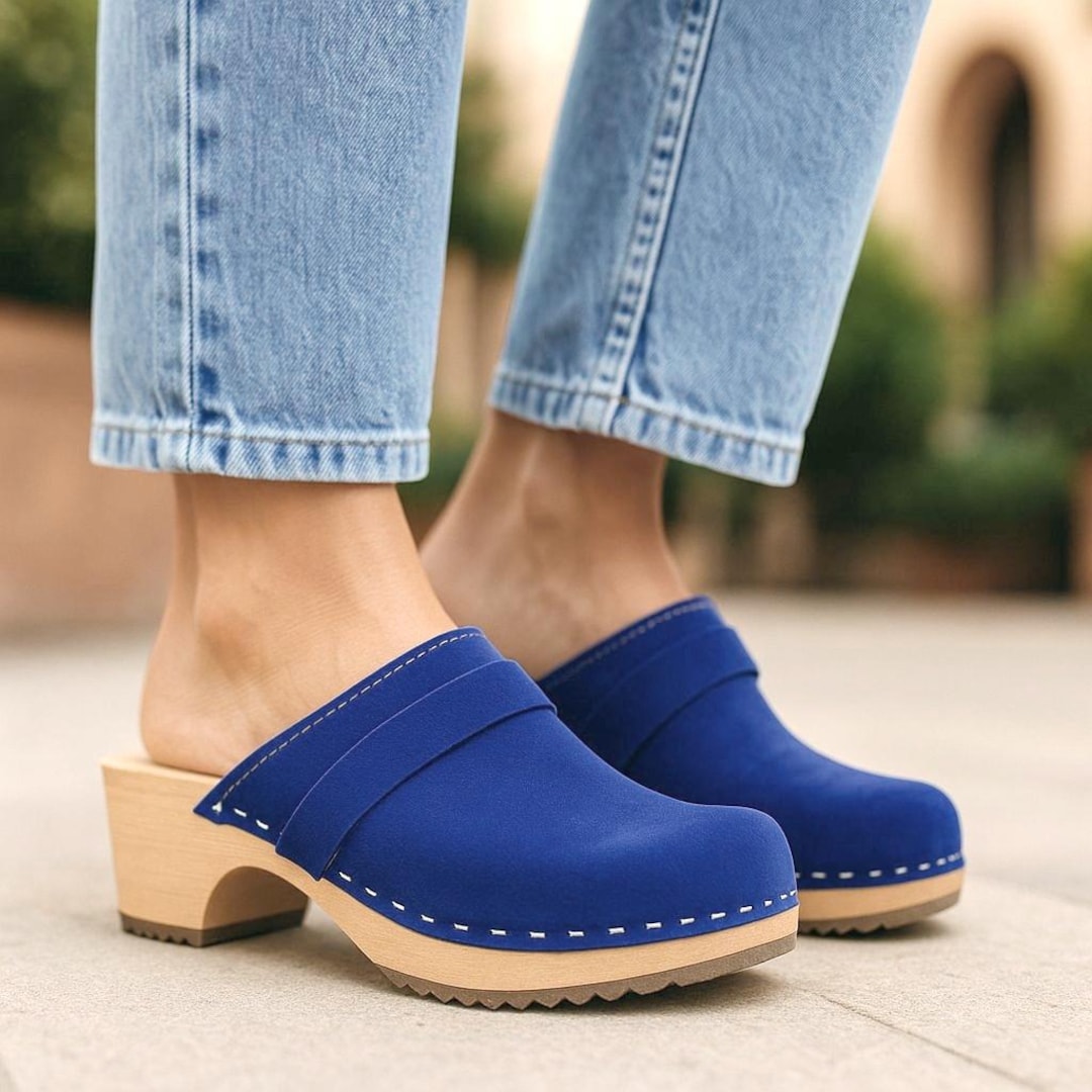 Blue Clogs Full Suede Leather Flip Flops Women's Medical Clogs 35