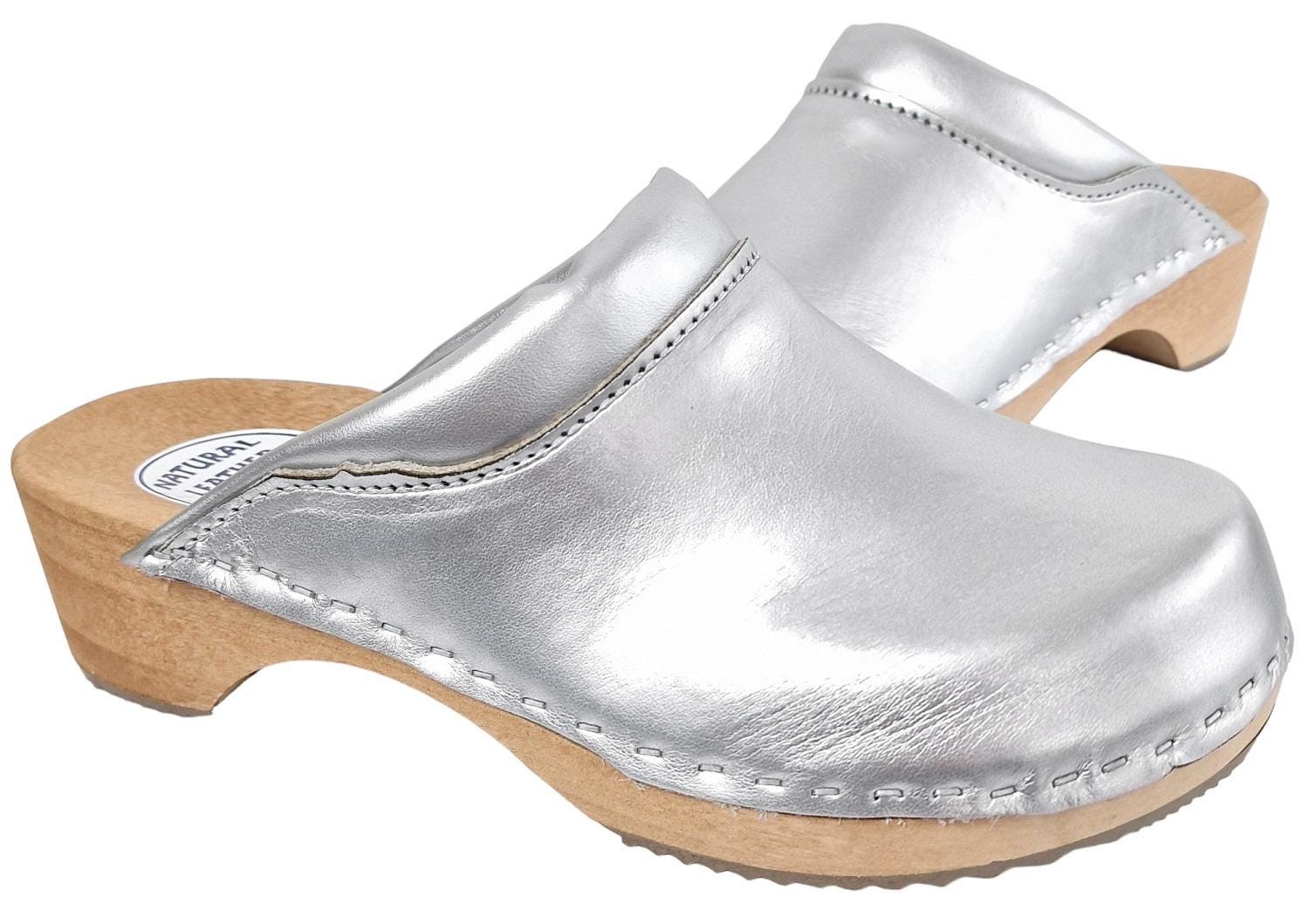 Women Leather Clogs Wood Medical Clogs Very Comfortable Womens Shoes Soft Pad Silver