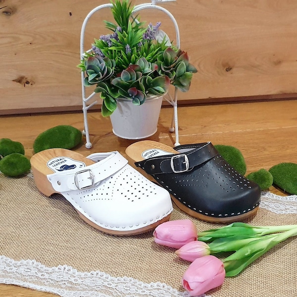 Zuecos Sandalias de cuero médico Zuecos de mujer Mocasines de madera