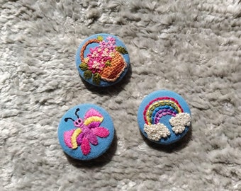 Pretty hand embroidered big size rainbow,butterfly,flowerbucket buttons / Decorative hand embroidery designer button / handmade button