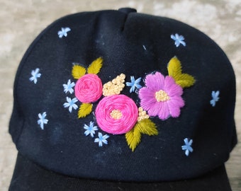 Hand embroidered floral cap / summer hat / black cap / floral cap girls hat