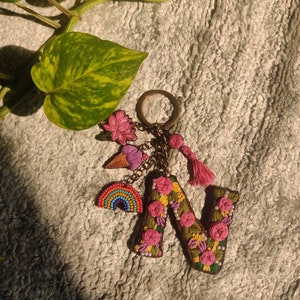 Pretty Handmade embroidered personalised bag charms / keychain/handmade keychain/handmade bag charms /embroidery bag charms/ floral keychain