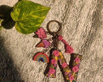 Handmade Embroidered Initial Bag Charm, Floral Keychain