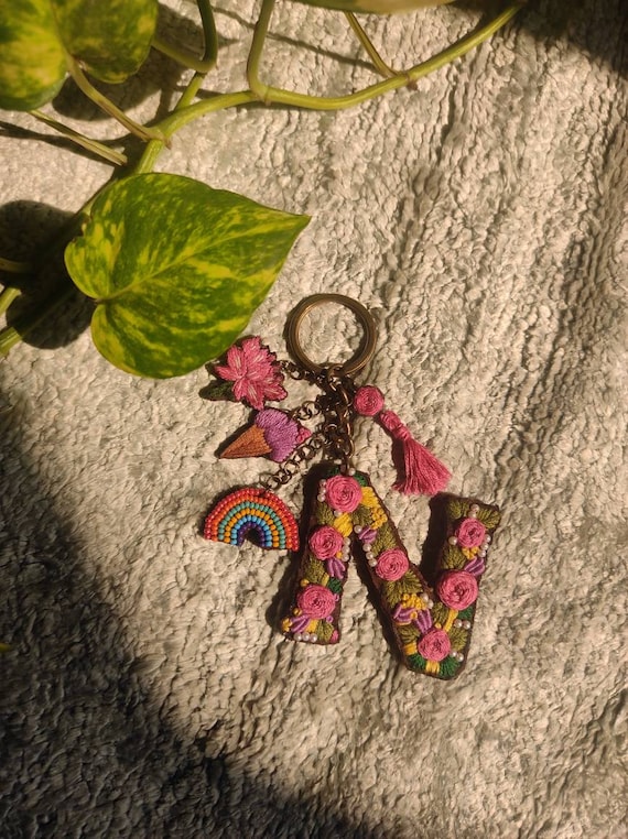 Pretty Handmade Embroidered Personalised Bag Charms Keychain handmade Keychain handmade Bag Charms embroidery Bag Charms Floral Keychain Etsy Canada