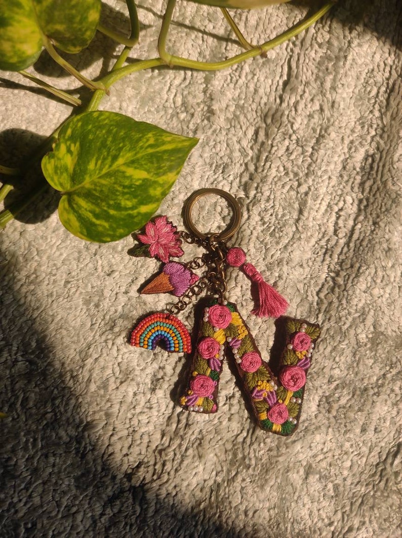 Pretty Handmade embroidered personalised bag charms / keychain/handmade keychain/handmade bag charms /embroidery bag charms/ floral keychain image 1