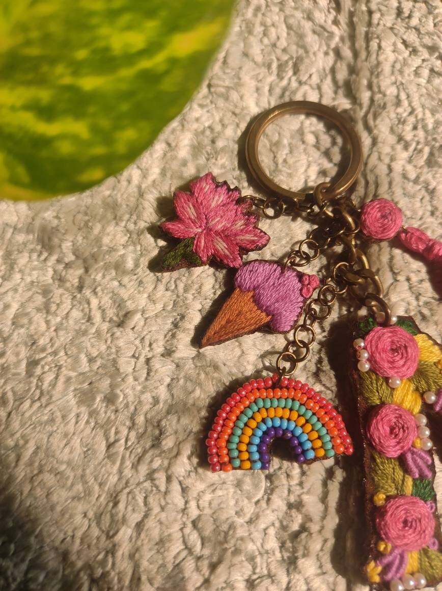 Pretty Handmade Embroidered Personalised Bag Charms / 