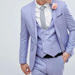 GROOM Men&#39;s Slim Fit 3 Piece Suit Double breasted Business Wedding Prom Tuxedo  suit - lavender color suit
