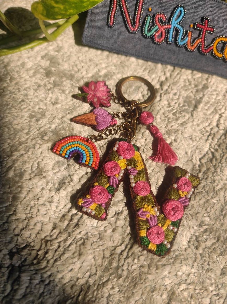 Pretty Handmade embroidered personalised bag charms / keychain/handmade keychain/handmade bag charms /embroidery bag charms/ floral keychain image 2