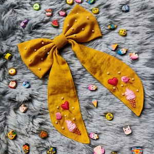 Embroidered hair bow, Linen hair bow, Hair bow with embroidery, Bow with floral embroidery, Handmade hair accessories