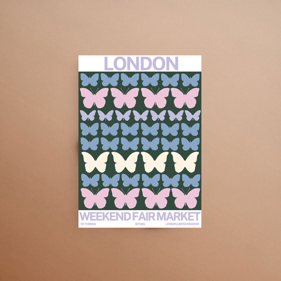 London Weekend Fair Market Print Poster, Travel Wall Art, Butterfly Print, Digital Art