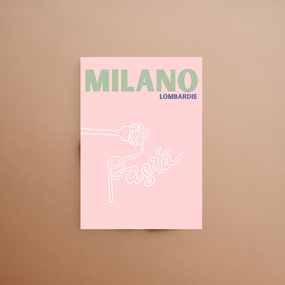 Milano Italy Italia Print Poster, Pasta Spaghetti Holiday Travel Wall Art, Food Print, Digital Art