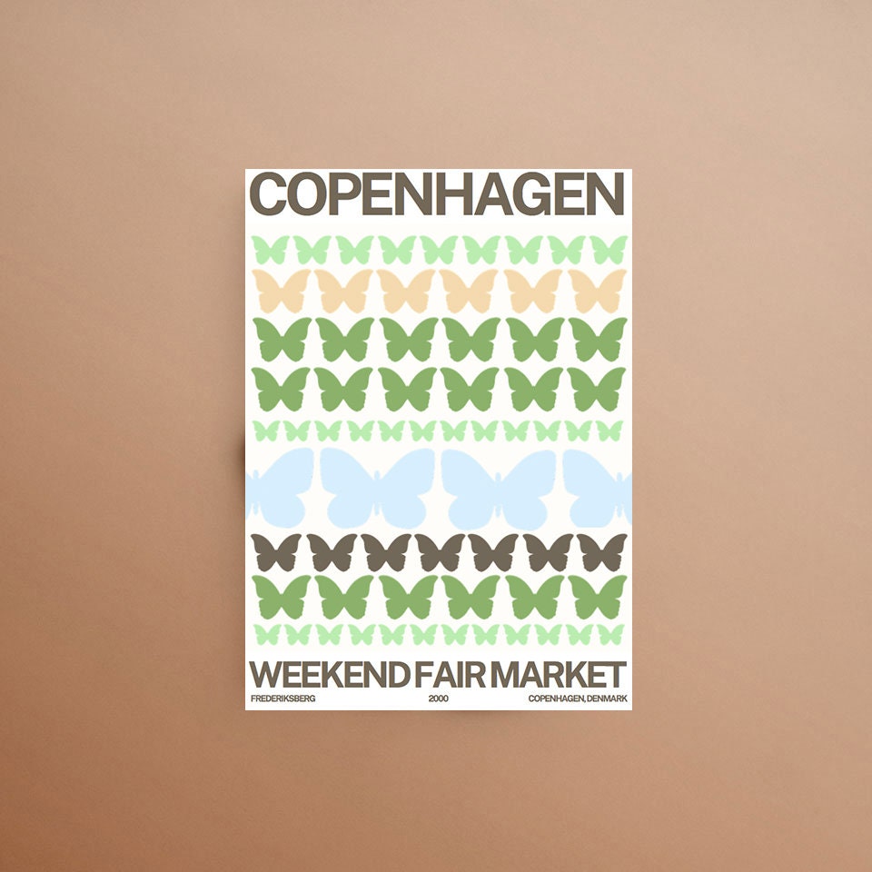 Copenhagen Weekend Fair Market Print Poster, Travel Wall Art, Butterfly Print, Digital Art