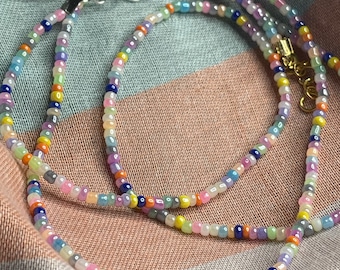 Handmade strawberry rainbow pastel beaded necklace