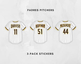 May include: Three white baseball jersey stickers with black and gold accents. Each jersey features a different name and number: Darvish 11, Hoffman 51, and Musgrove 44. The text "Padres Pitchers" and "3-Pack Stickers" are also visible.