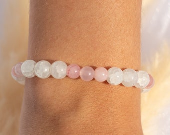 Bracelet Perle avec Quartz Rose Bracelet Gemme Ø6 mm- Perles Blanches Ø8 mm- Bande Élastique - Idée Cadeau - NONOSH