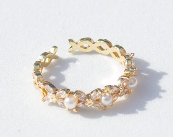 Ring 18k gold plated - adjustable ring - pearls and zirconia ring - multistone ring - French style - gold ring - gift idea - NONOSH