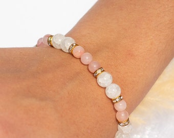 Rose Quartz Pearl Bracelet - Gemstone Bracelet - Gold Beaded Bracelet - Cubic Zirconia Stones - Rose Bracelet - Gift for Her - NONOSH