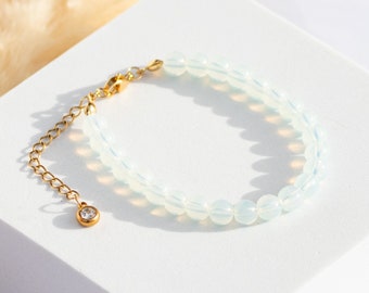 Bracelet Perlé Pierre de Lune Opalite 6 mm - Pendentif CZ - Bracelet Opalite - Bracelet Ajustable 15-21 cm - Idée Cadeau - NONOSH