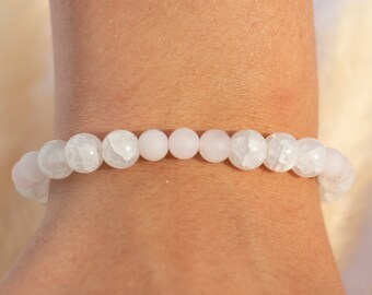 Bracelet Perle avec Quartz Rose givré Bracelet Gemme Ø6 mm- Perles Blanches Ø8 mm- Bande Élastique - Idée Cadeau - NONOSH