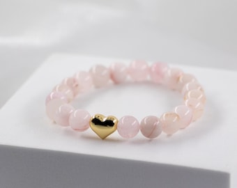 Rose Quartz Pearl Bracelet - Heart Bracelet - Natural stone bracelet - Rose Bracelet  - Gemstone Bracelet  - Gift - NONOSH